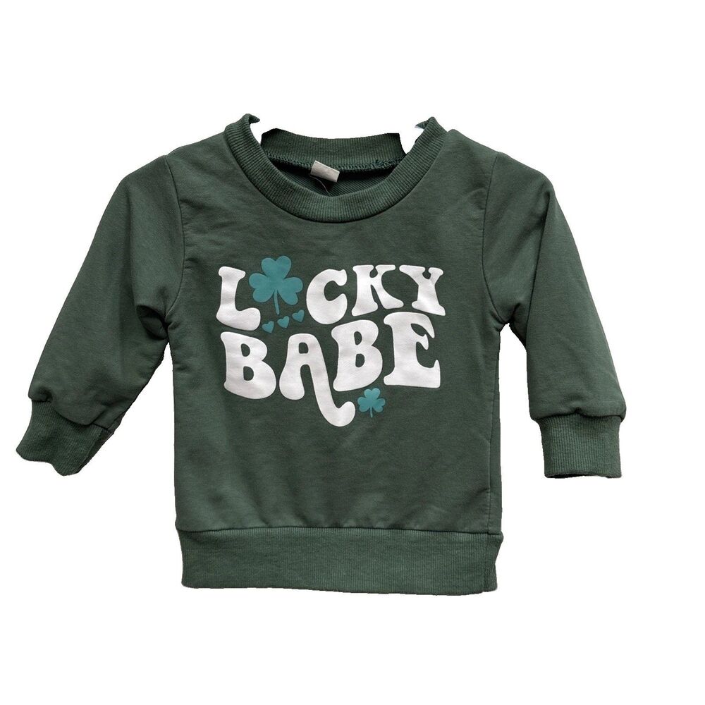 Youth Pullover Crewneck Sweatshirt Green Lucky Babe Graphic 12-18 Months Cotton